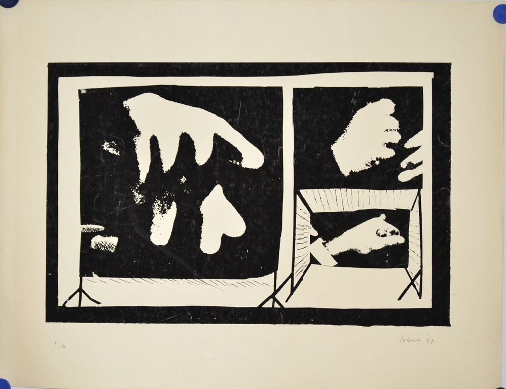 Abe Kuipers: Linosnede? Abstracte compositie met handen kopen? Bied vanaf 1!