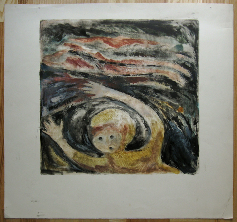 Irene Joffroy, monotype/olieverf papier, meisje in landschap verkocht voor € 40!