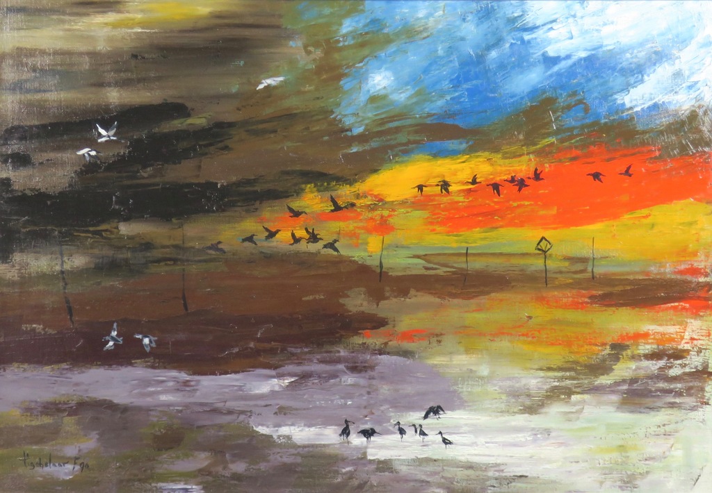 Andre Tigchelaar: Olieverf op doek, Zonsondergang op het Wad - Ingelijst kopen? Bied vanaf 1!