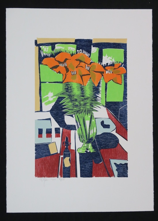 Vincent van Ojen: Houtsnede, Vaas met oranje lelies verkocht voor € 55!