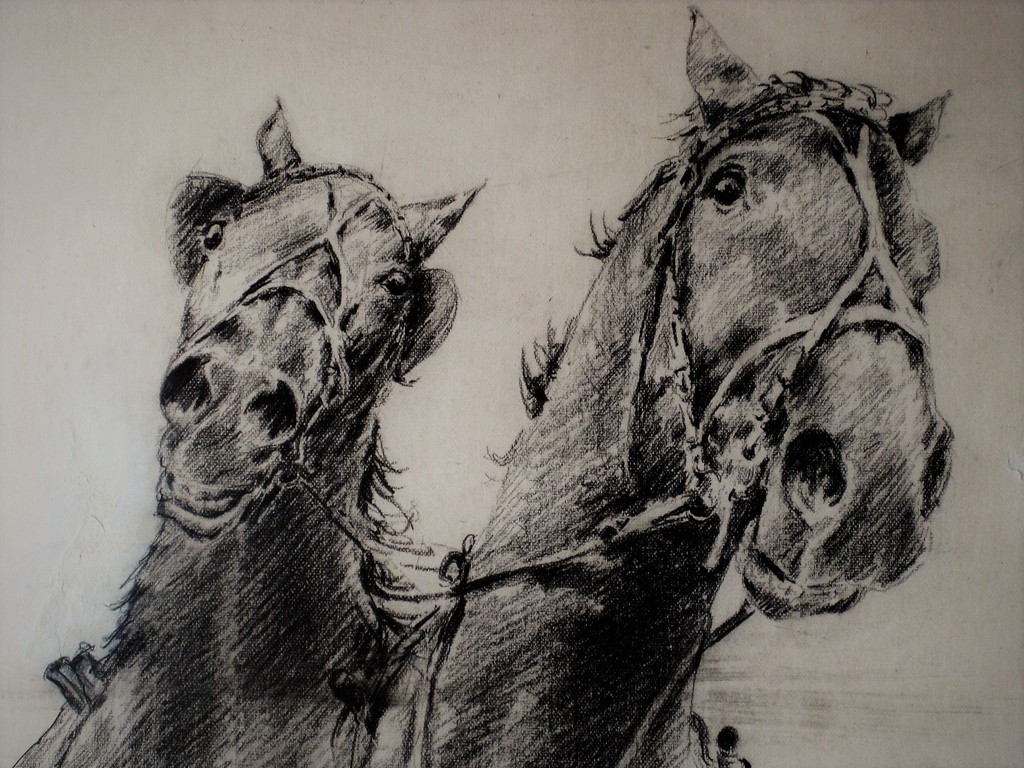 Grote en mooie Piet Klaasse (1918-2001) Houtskooltekening "span Paarden" gesign  verkocht voor € 55!