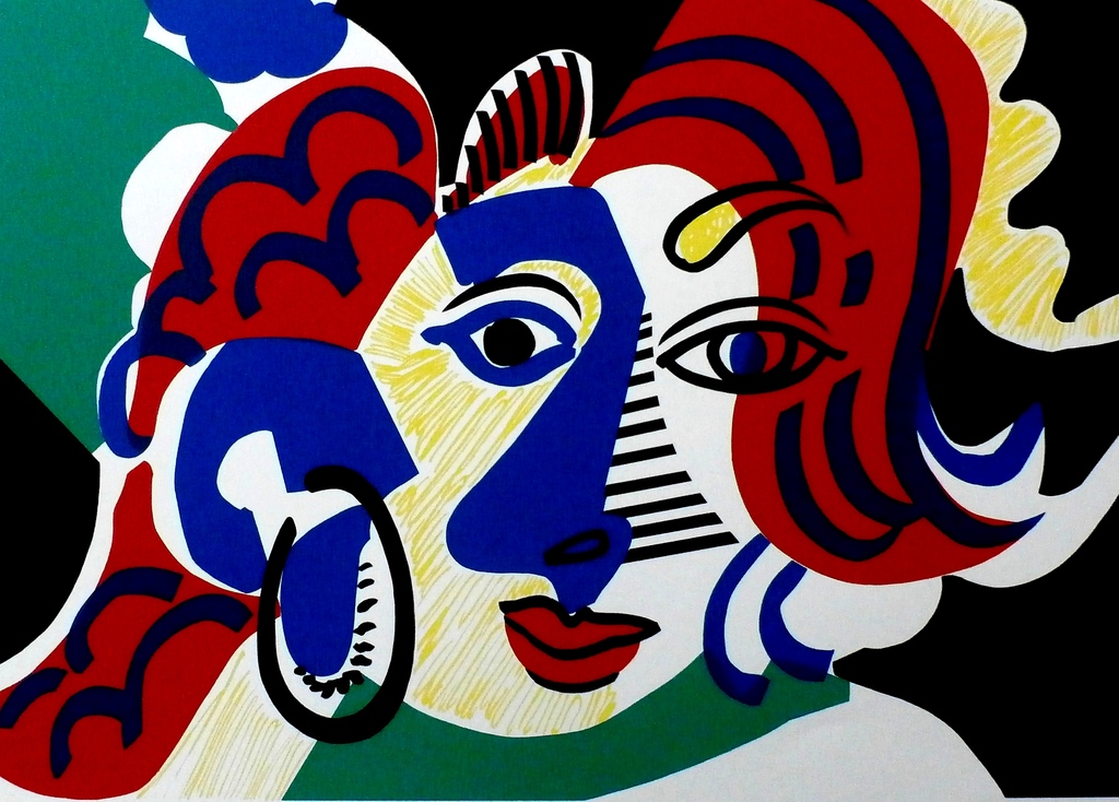 Yolande Brouwers - zeefdruk: hoofd met zwarte oorring - 1991 kopen? Bied vanaf 30!