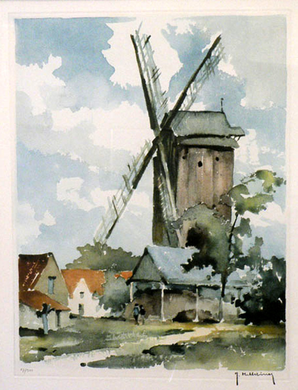Hebbelinck: aquatint/ets in kleur, Molen kopen? Bied vanaf 40!
