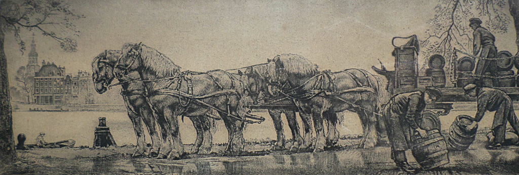 Willem Hofker - Bierwagen langs de Amstel in Amsterdam, ets (ingelijst) verkocht voor € 75!