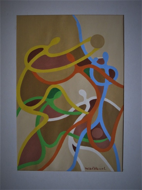 Mooie expressionistische Mateo v/d Heuvel Gouache "eenwording" gesigneerd  verkocht voor € 45!