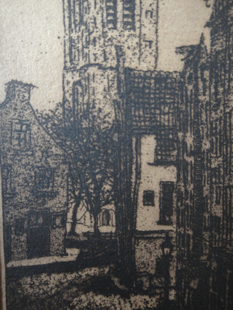Hollandse school, oude litho, doorkijkje op kerk kopen? Bied vanaf 1!