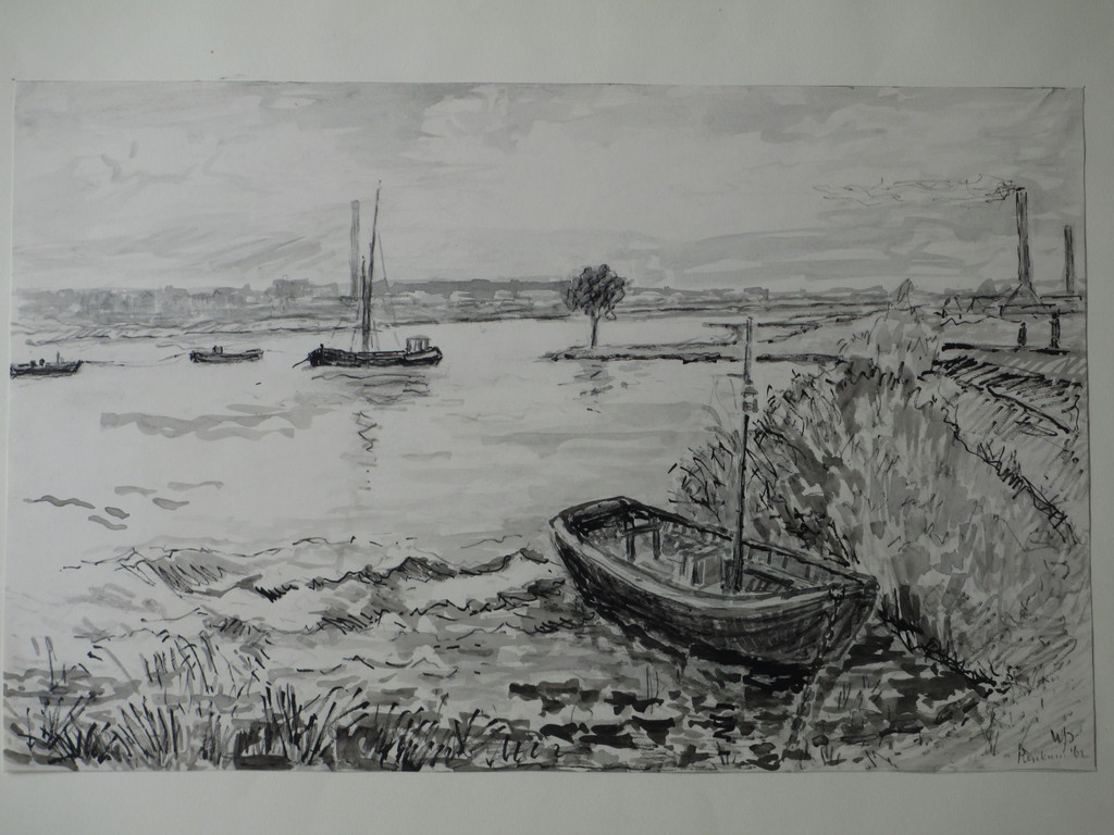 Willem Jans Dijk, De Nederrijn bij Renkum, Inkt/Aquarel kopen? Bied vanaf 1!