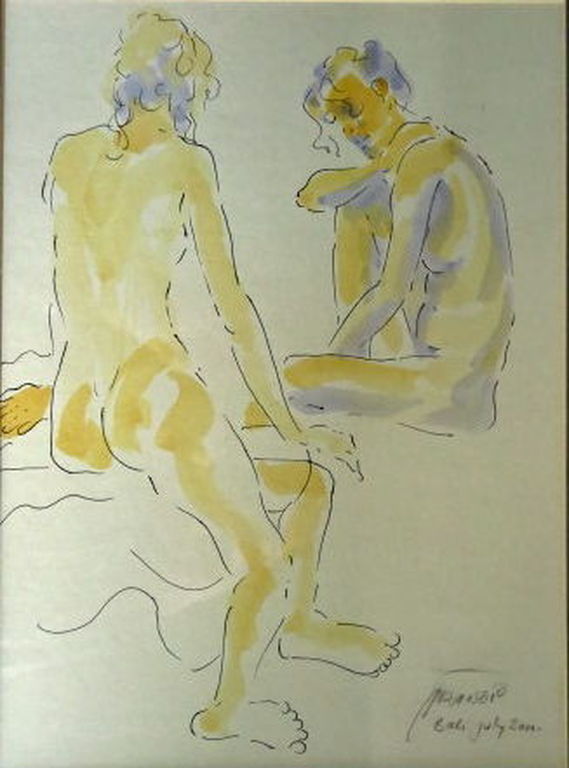 "Zonnig naakt" - combi pentekening aquarel - ingelijst - signering onduidelijk kopen? Bied vanaf 1!