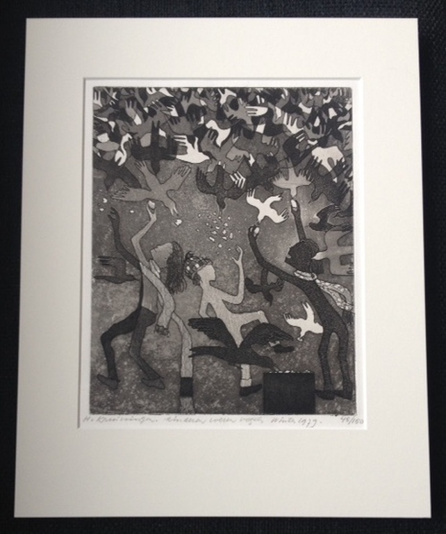 Harry van Kruining ets Kinderen voeren vogels, winter 1979. verkocht voor € 120!