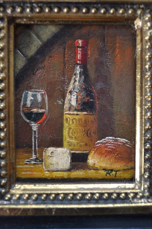 Onbekend - olieverf op paneel - Stilleven fles, glaasje wijn, brood en kaas kopen? Bied vanaf 40!