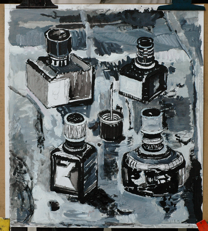 hans Ebeling Koning, gouache en inkt op pap, Inktpotten verkocht voor € 150!