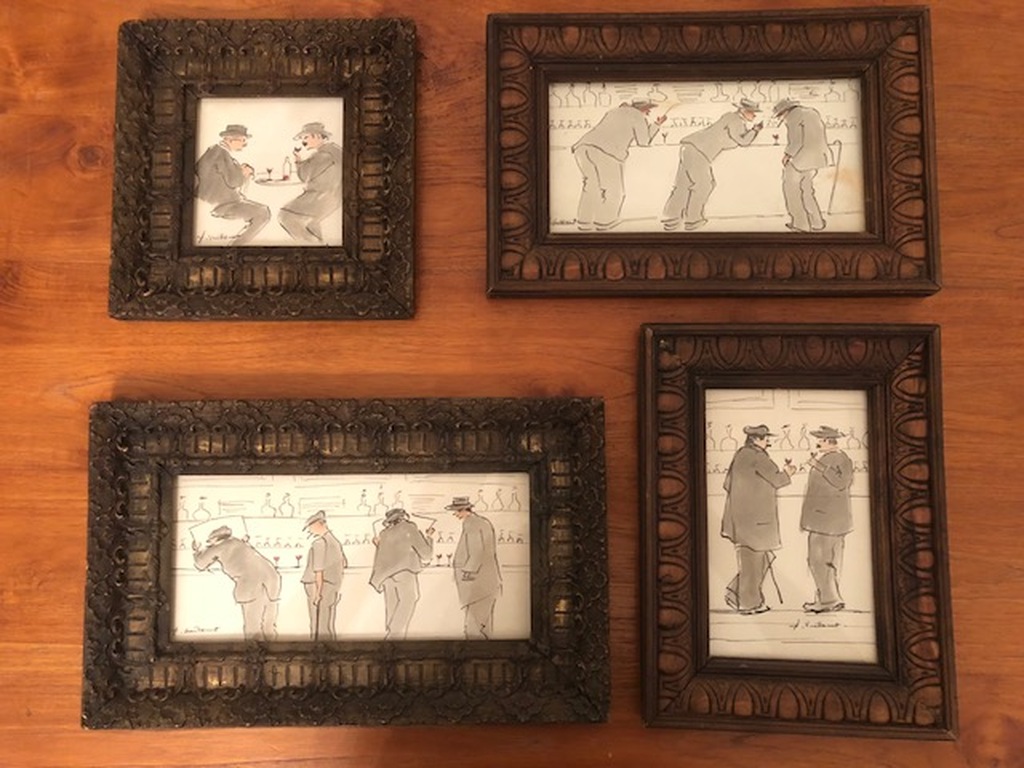 Auguste Vuillemot (1883 - 1970), 4 kleine schilderijen, "homme au comptoir" kopen? Bied vanaf 200!