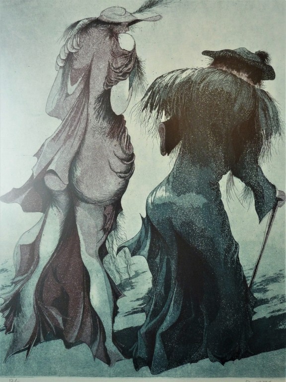 onbekend monogram; lijnets met aquatint(kleur). Twee dames aan de wandel. kopen? Bied vanaf 45!
