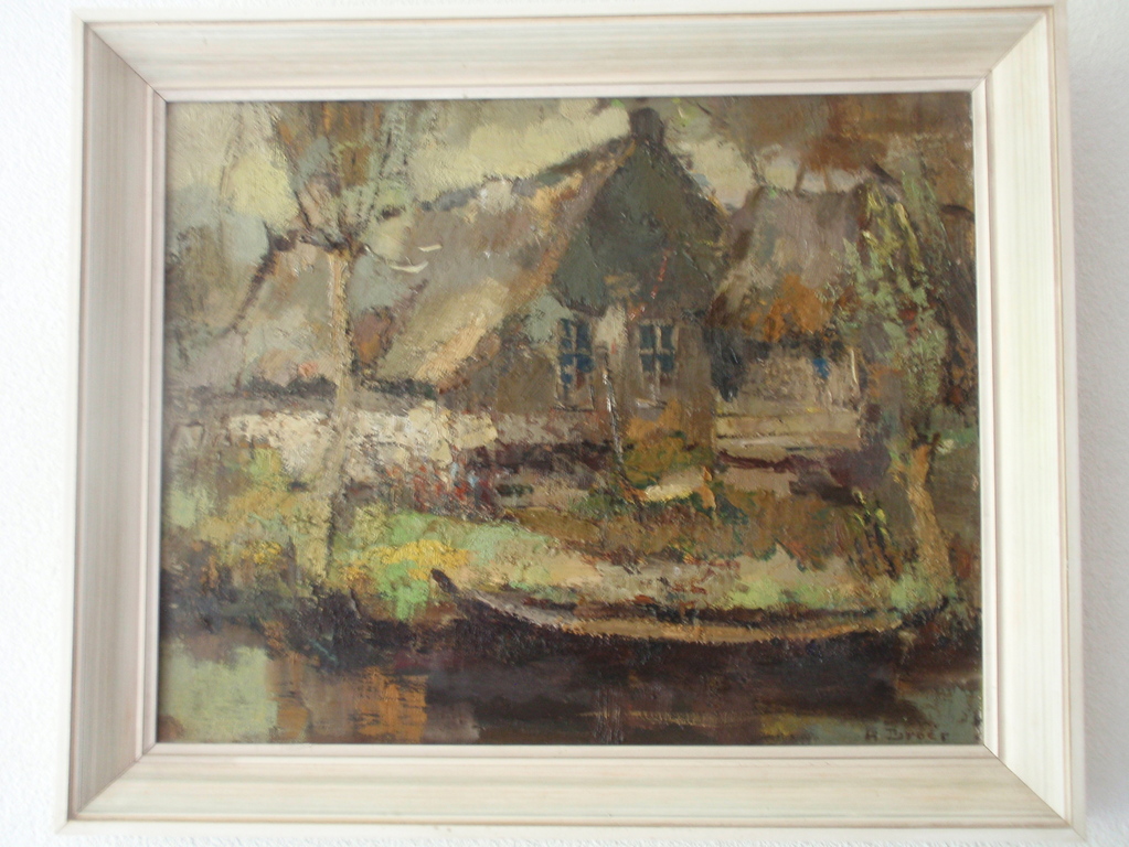 Hendrik Broer, Olieverf op doek, Giethoorn, Woonhuis, schuur, tuin, bootje. kopen? Bied vanaf 1!