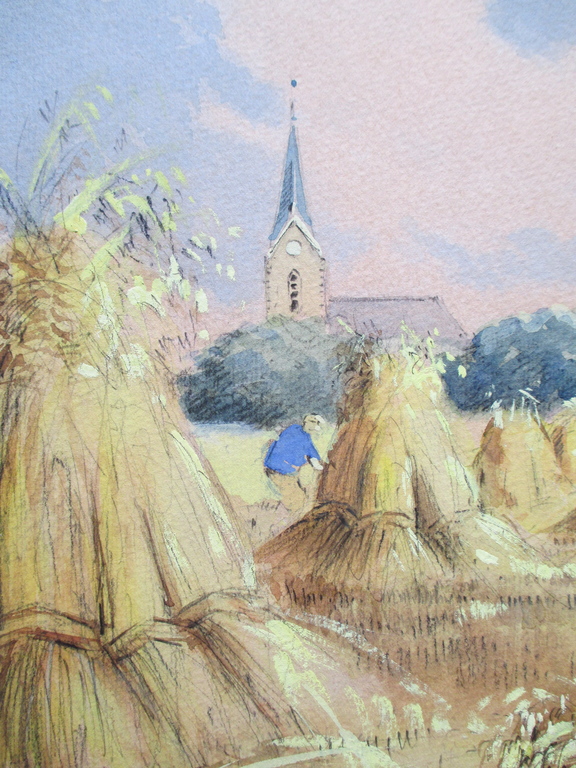 Gerrit van Jeveren, gouache, korenschoven kopen? Bied vanaf 60!