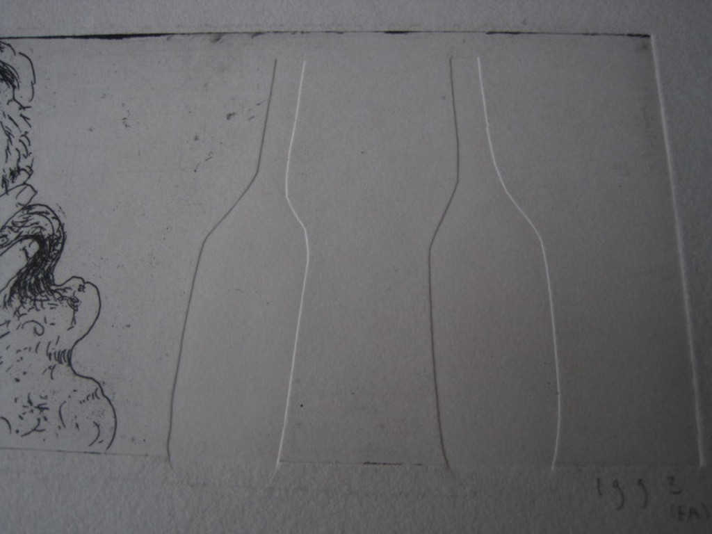 Bijzondere relief-ets van Pieter Kusters (1958-) "Zelfportret met flessen" ges.  kopen? Bied vanaf 1!