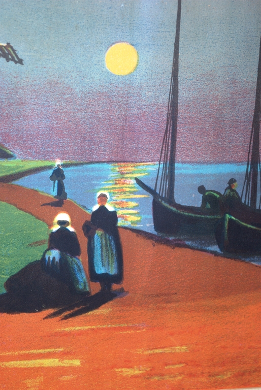 Litho jaren 20 - Avond aan het water met molen, vrouwen in klederdracht.  kopen? Bied vanaf 25!