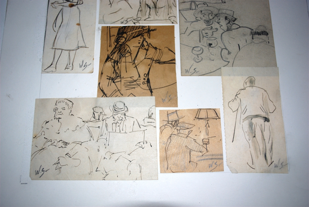 9 schetsen in potlood/pen/aquarel - allen met monogram - fraai ingelijst kopen? Bied vanaf 495!