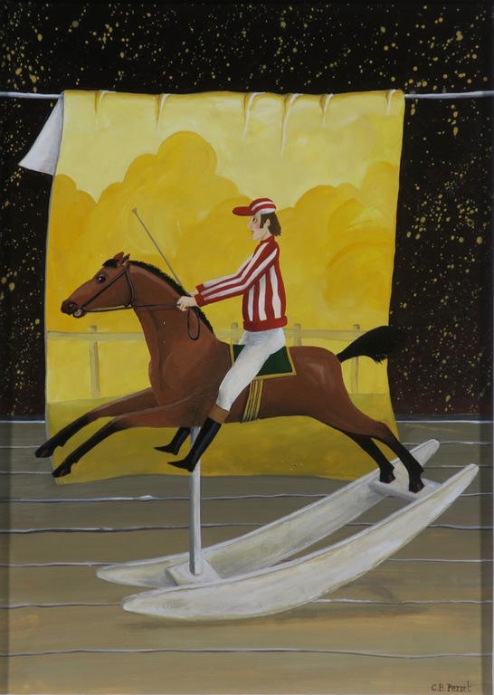 Carole B. Perret: Olieverf op board, Jockey op paard - Ingelijst kopen? Bied vanaf 120!