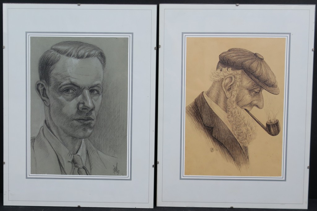 Jan Ph.A de Vries: 1x Potlood- + 1x Pentekening, Man en Man met pijp - Ingelijst kopen? Bied vanaf 1!