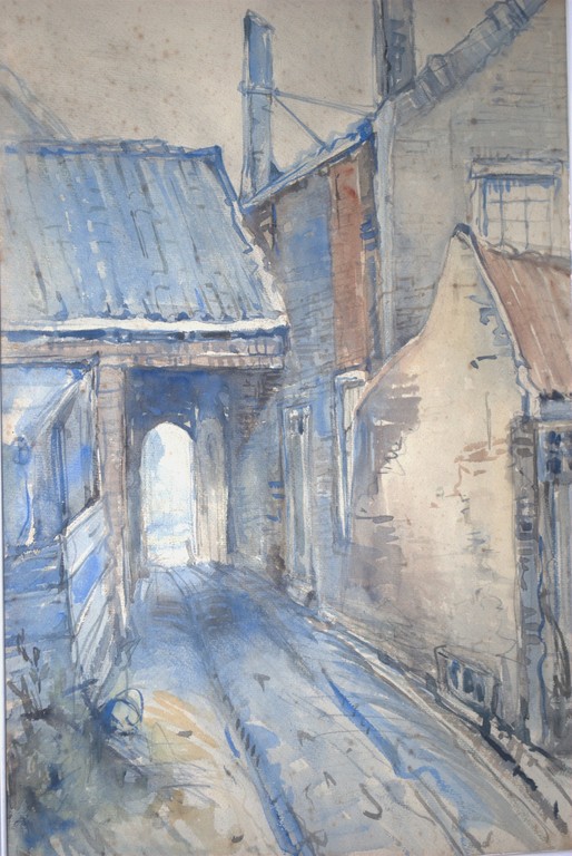 aquarel dorpsstraatje 1901 + houtsnede Staalstraat Amsterdam 1932 kopen? Bied vanaf 30!