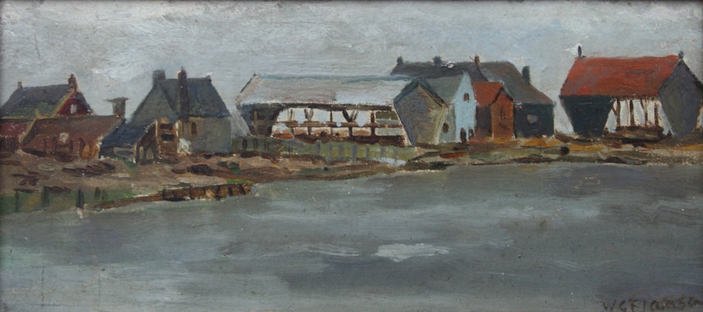 W.G.F. Jansen - olieverf op paneel - visdrogerij en huizen langs de kust verkocht voor € 120!