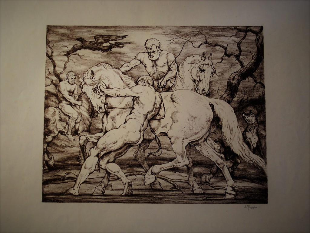 Interessante grote gesigneerde Litho Mythologische voorstelling A.M. Luijt (1879 kopen? Bied vanaf 1!