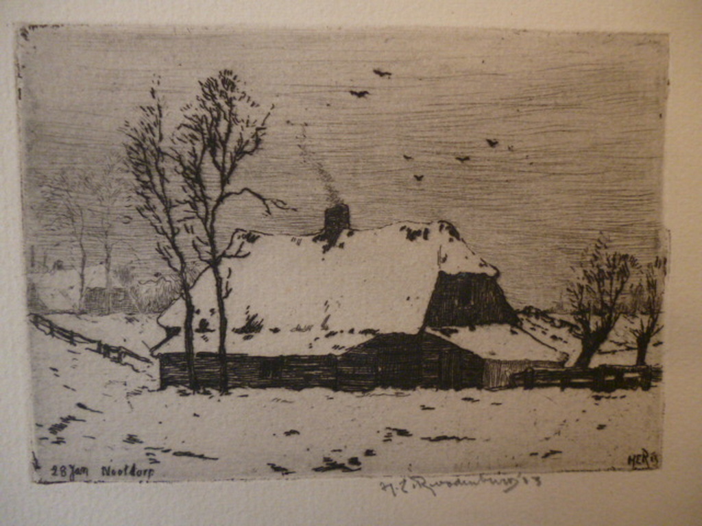 Hendrikus Elias Roodenburg - ets - Nootdorp, Boerderij in de winter verkocht voor € 60!
