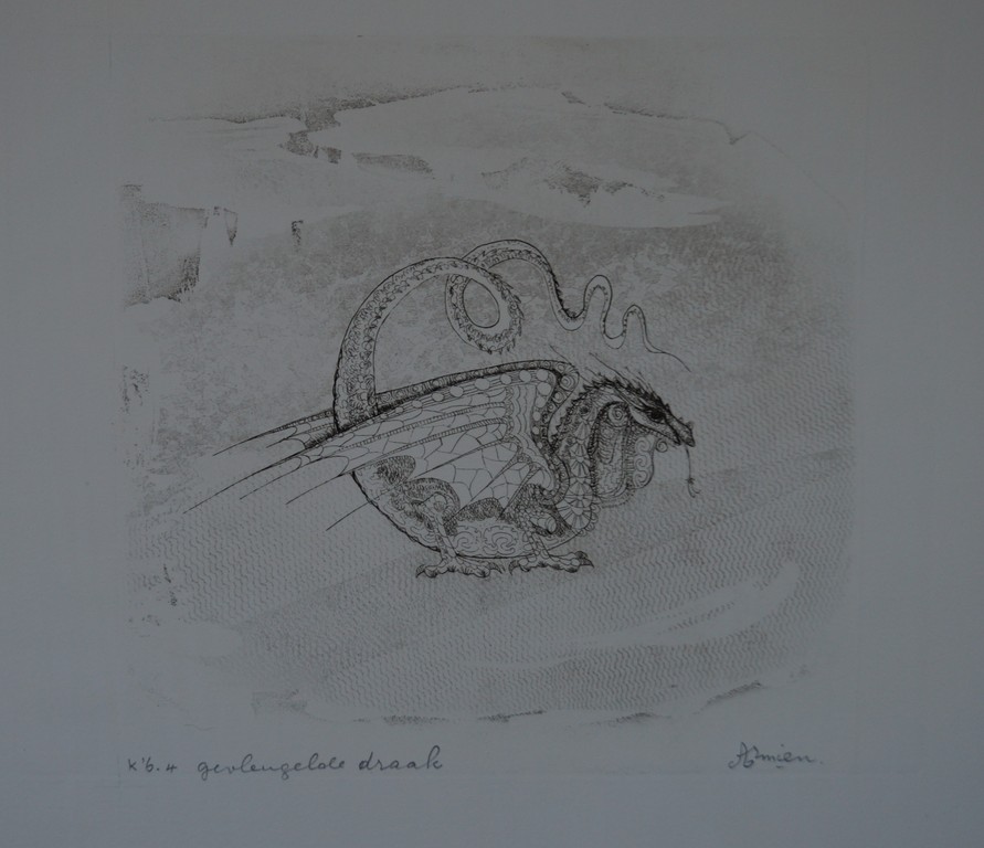 Armien Visser - gesigneerde ets - "gevleugelde draak" kopen? Bied vanaf 1!
