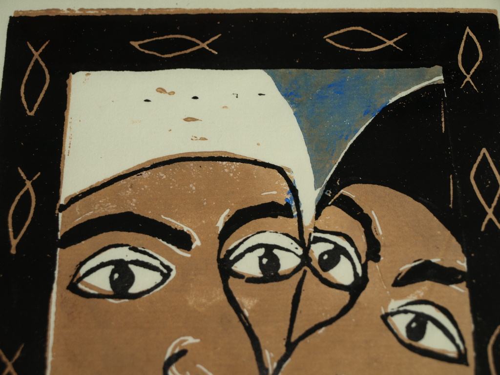 Dorinde (?): Hout- of linosnede – De Judaskus – Gesigneerd & ingelijst – 2001 kopen? Bied vanaf 1!