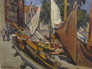 Jan van Anrooy - Jan van Anrooij 1901-1988 "Hoorn afgemeerde boten aan gracht" olieverf gesig kopen? Bied vanaf 1!