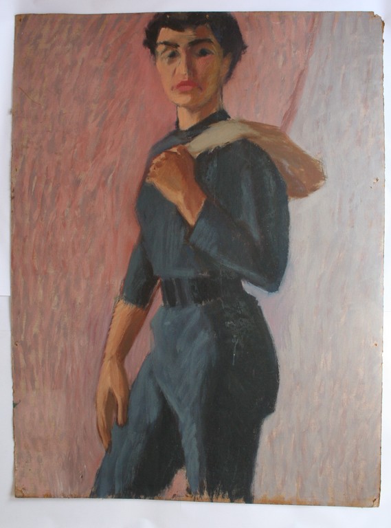 Karel Timmerman - Groot acrylverf op karton - Vrouw in broek-pak kopen? Bied vanaf 20!