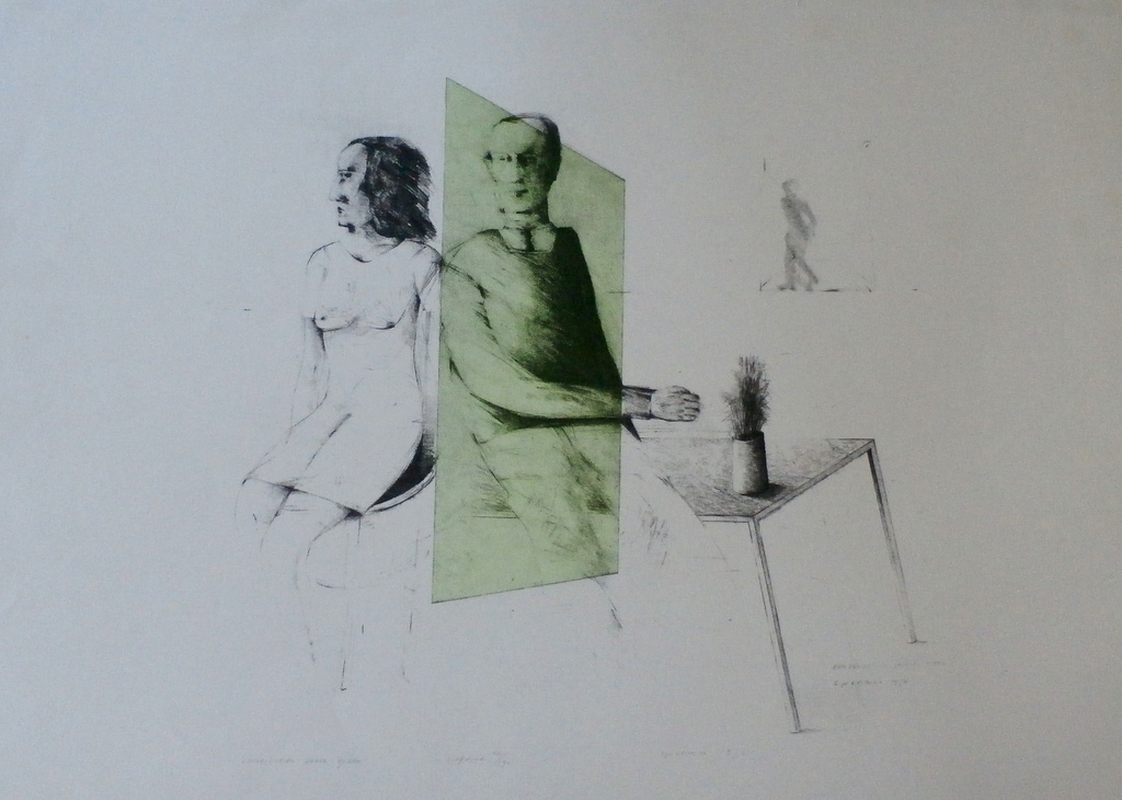 Kees Spermon - zeefdruk: conversation piece green - 1973  kopen? Bied vanaf 45!