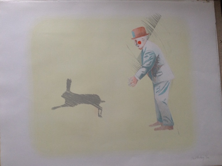 Aat Verhoog; kleurenlitho, man met konijn kopen? Bied vanaf 1!