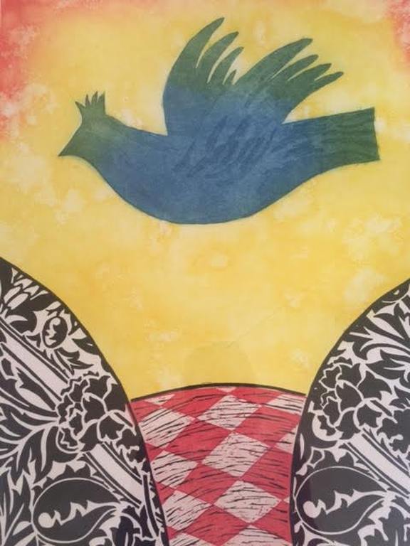 Eliza Kopec  Grote zeer fraaie zeefdruk Titel Donderkop met vogel  Ingelijst kopen? Bied vanaf 35!