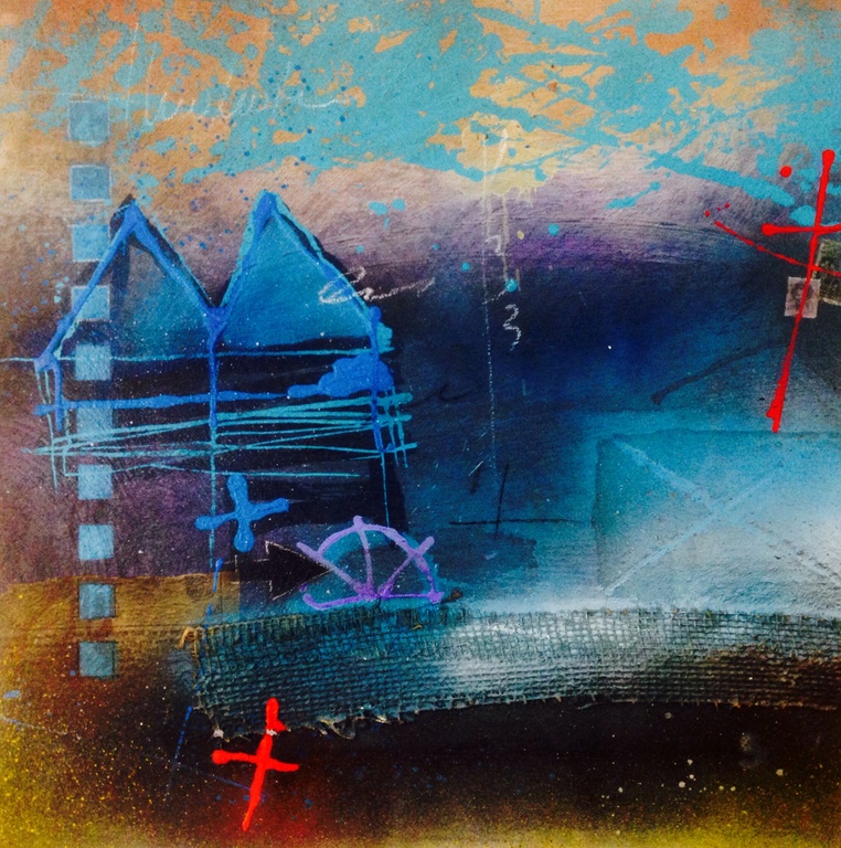 Theo koster ,gemengde techniek, het blauwe huis. verkocht voor € 50!