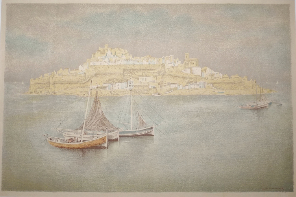 Wim Schuhmacher, Kleurenlitho, Boten en eiland kopen? Bied vanaf 45!