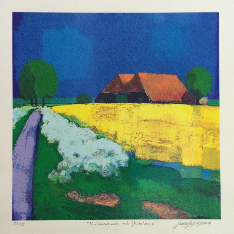 Jentsje Popma, zeefdruk op papier, Titel: Koolzaadveld met fluitekruid verkocht voor € 66!