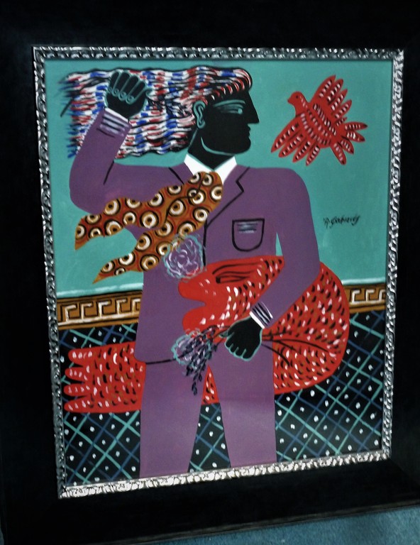 Man met vogel. Gouache achter glas. kopen? Bied vanaf 350!