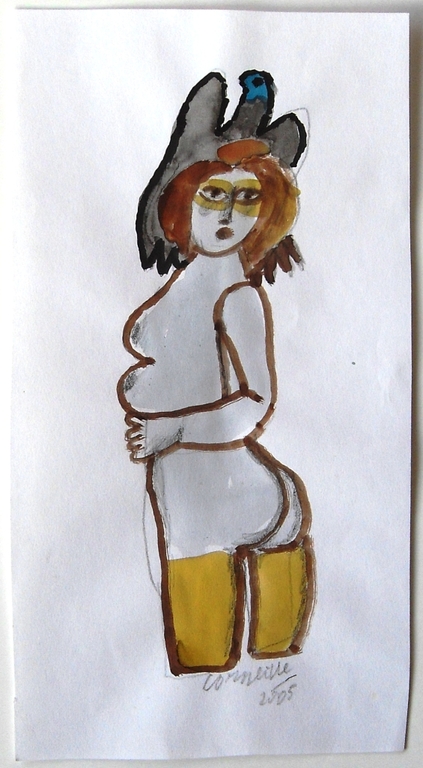 Corneille: naakt met vogel, gemengde techniek op papier verkocht voor € 875!