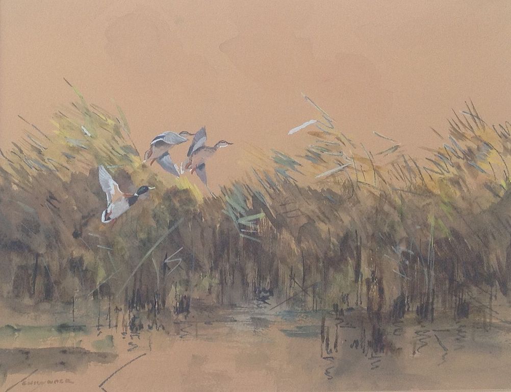 Jo Schrijnder, gemengde techniek, opvliegende eenden uit rietkraag kopen? Bied vanaf 250!