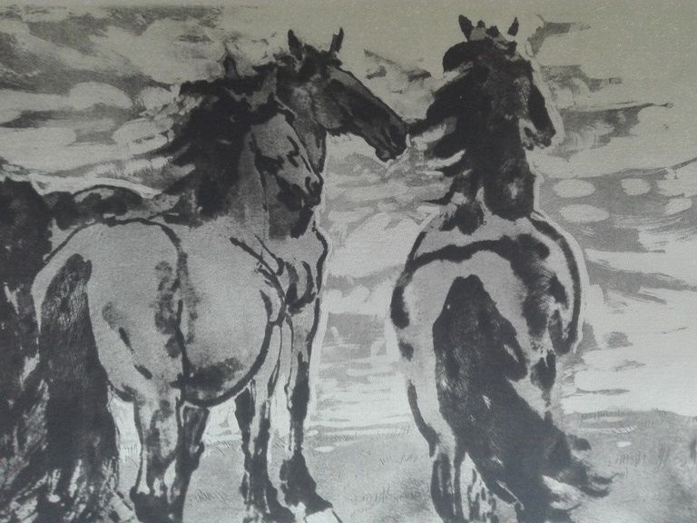 Gesigneerd onbekende kunstenaar, ets op zijde, Wilde paarden, impressionisme kopen? Bied vanaf 1!