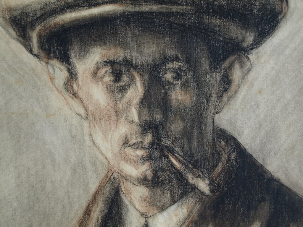 Onbekend : Tekening , Portret man met pet en sigaret – ca 1920  kopen? Bied vanaf 1!