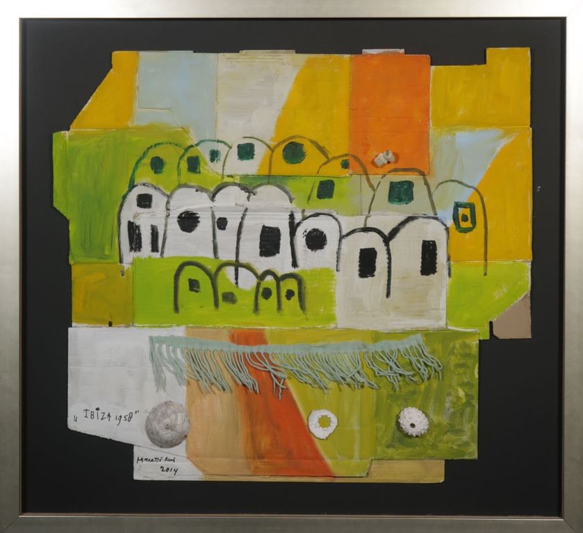 Meertje Kaal: Olieverf en collage op karton, Ibiza 1958 - Ingelijst (Groot) verkocht voor € 35!