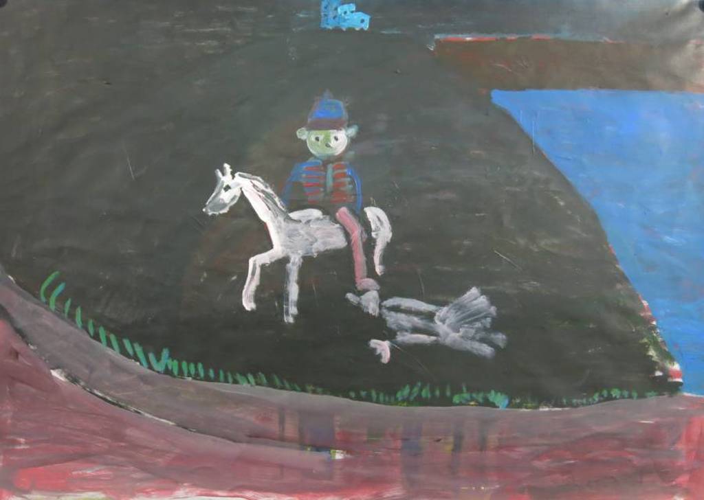 Ruven Levav: Acryl op papier, Teddybeer te paard (groot) kopen? Bied vanaf 1!