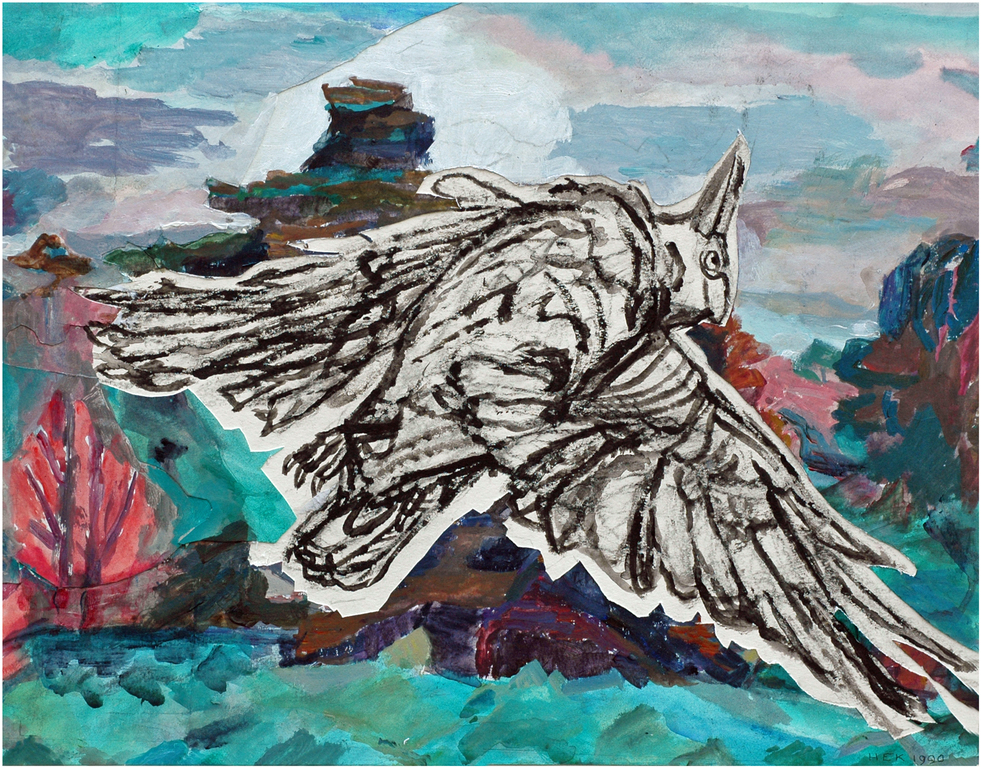 Hans Ebeling Koning, geschilderde collage, getroffen kraai verkocht voor € 100!