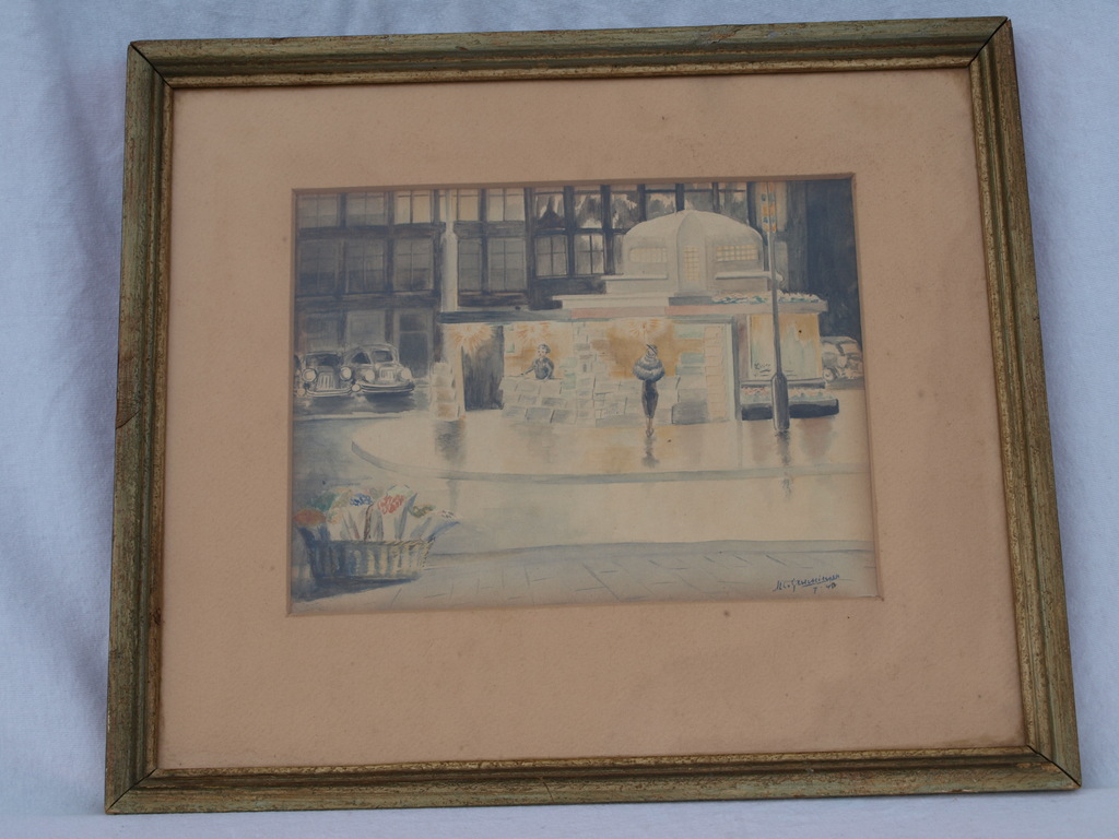 Onduidelijke signatuur : Aquarel , Kiosk – ingelijst – 1940 kopen? Bied vanaf 1!
