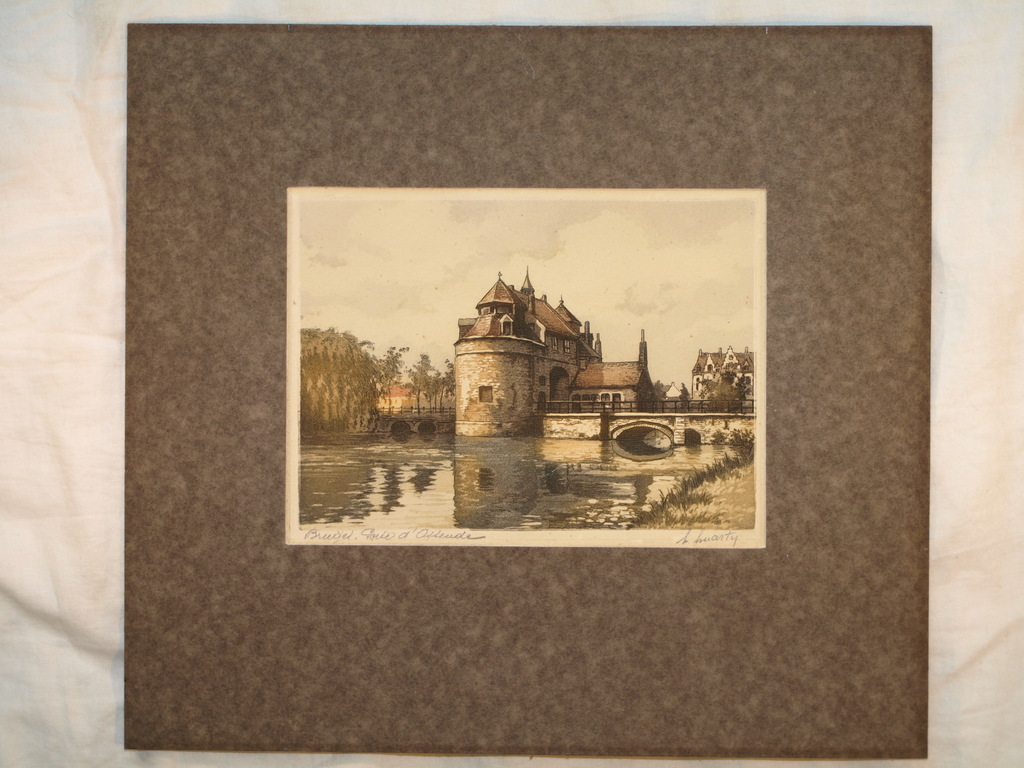 Ingekleurde ets – Porte d’ Ostende Brugge – Gesigneerd – Oud kopen? Bied vanaf 1!