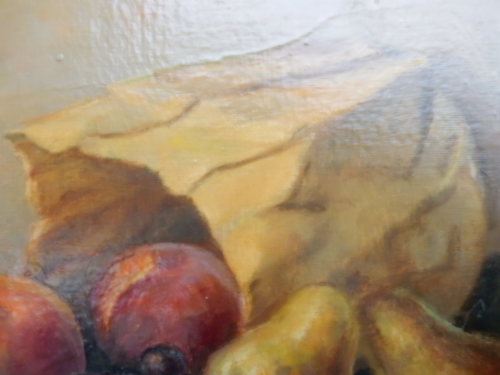 onbekende schilder,olieverf op plaat,stilleven met fruit en zakjes kopen? Bied vanaf 125!