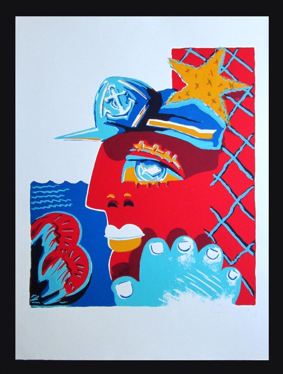 Volker LAUE -Der Fischer - kleurzeefdruk uit 1989 , oplage 99 , handgesign. verkocht voor € 35!